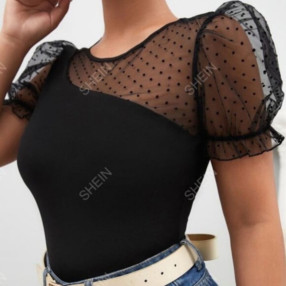 SHEIN Privé Contrast Dobby Mesh Puff Sleeve Tee